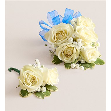 White Spray Corsage & Bout -Royal Blue Bow